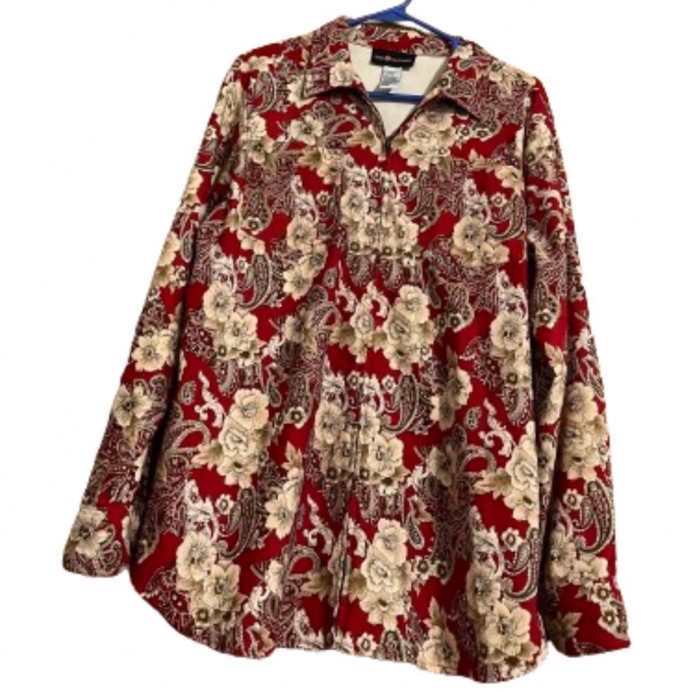 Sag Harbor Women’s Red Multi Paisley & Floral Print Zip Front Shirt Jacket Sz-10